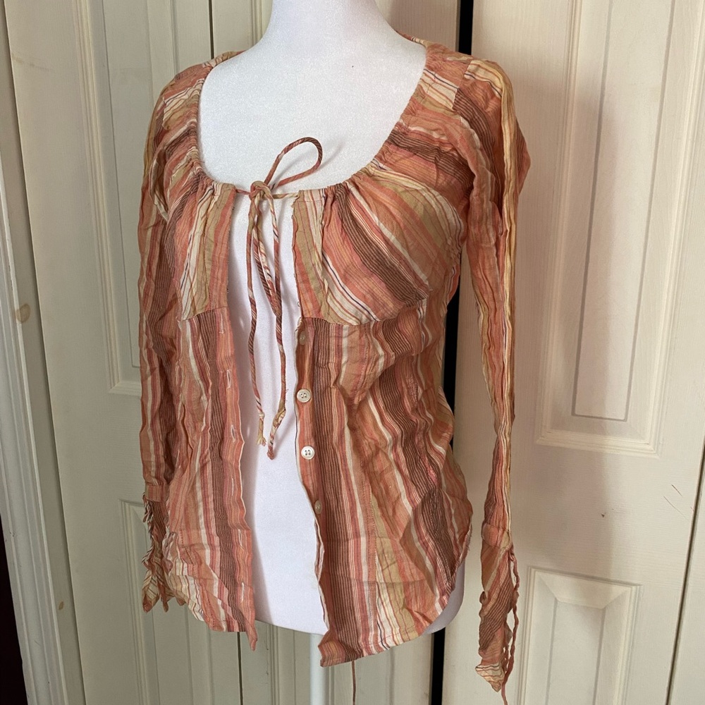 Tan and Orange Tie Front Ruched Blouse